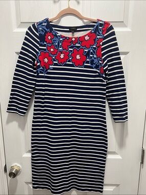 Talbots Navy and White Striped Dress with Red Floral Yoke